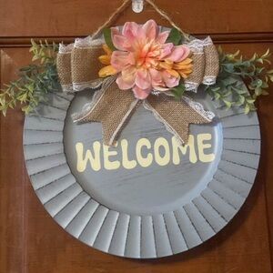 Homemade Gray Welcome Wreath with Pink and Yellow Accents